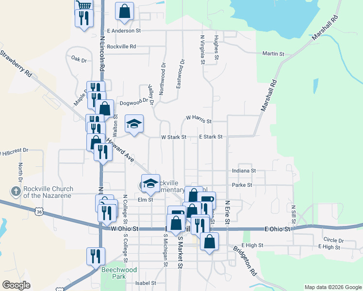 map of restaurants, bars, coffee shops, grocery stores, and more near 503 Voorhees Street in Rockville