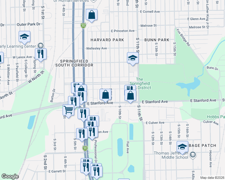map of restaurants, bars, coffee shops, grocery stores, and more near 2624 South 9th Street in Springfield