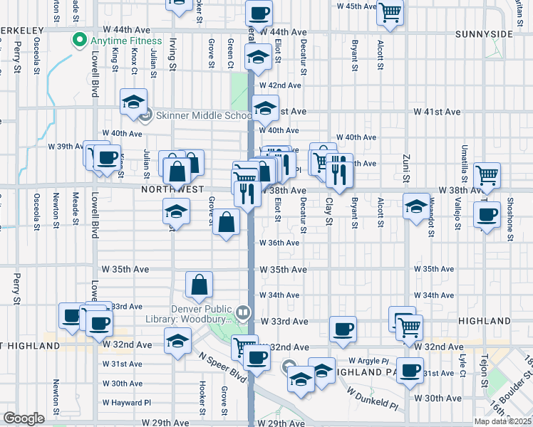 map of restaurants, bars, coffee shops, grocery stores, and more near 2929 West 37th Avenue in Denver