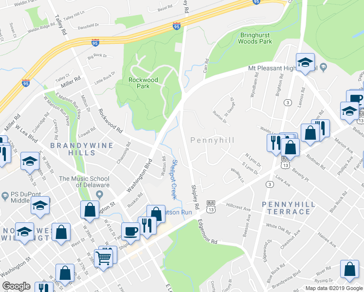 map of restaurants, bars, coffee shops, grocery stores, and more near 410 Shipley Road in Wilmington