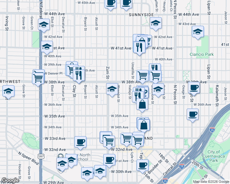 map of restaurants, bars, coffee shops, grocery stores, and more near 2319 West 37th Avenue in Denver