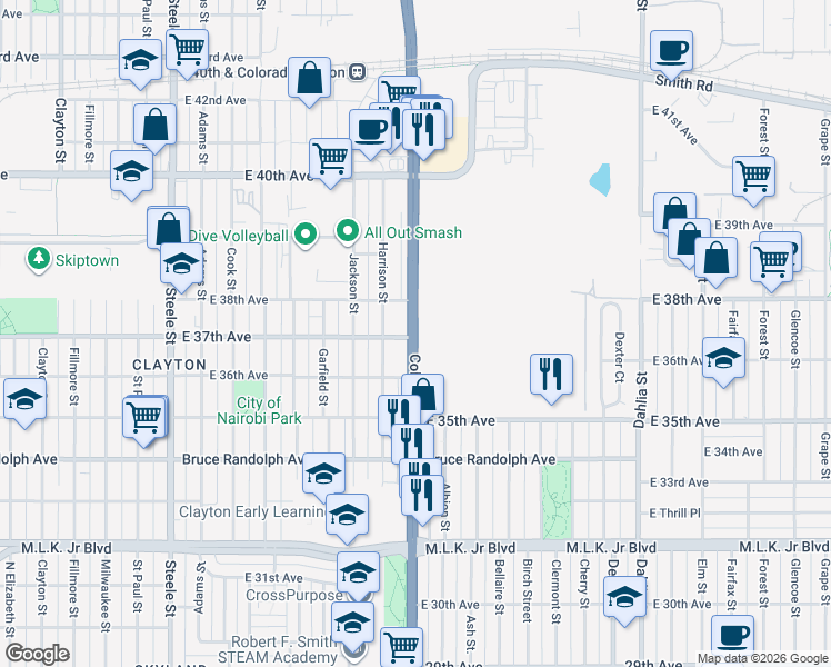 map of restaurants, bars, coffee shops, grocery stores, and more near 3720 Colorado Boulevard in Denver