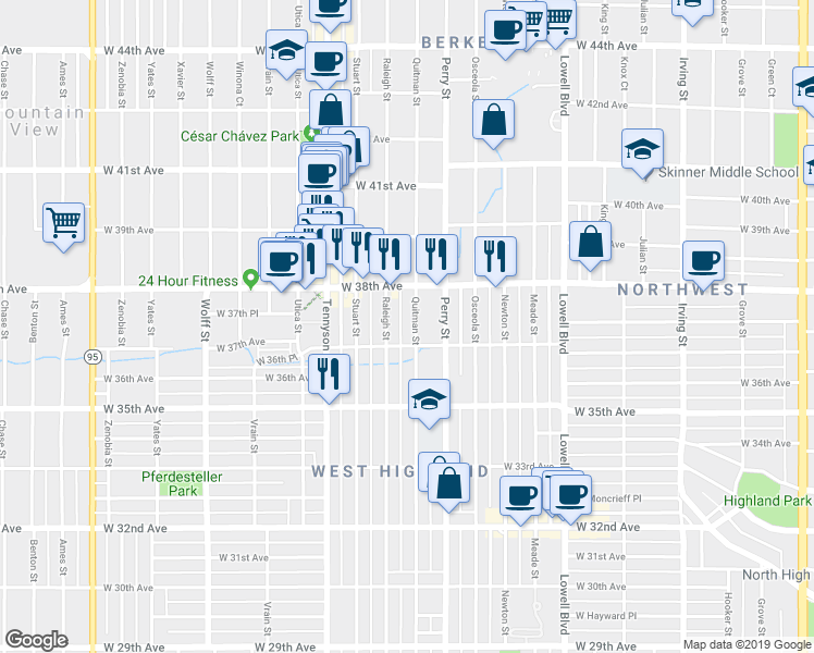 map of restaurants, bars, coffee shops, grocery stores, and more near 3731 Quitman Street in Denver