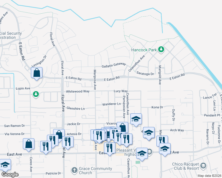 map of restaurants, bars, coffee shops, grocery stores, and more near 1350 Lucy Way in Chico