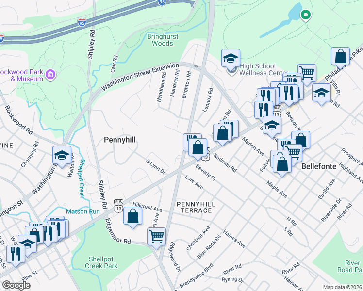 map of restaurants, bars, coffee shops, grocery stores, and more near 410 Marsh Road in Wilmington