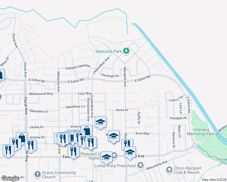 map of restaurants, bars, coffee shops, grocery stores, and more near 13 Westerdahl Court in Chico