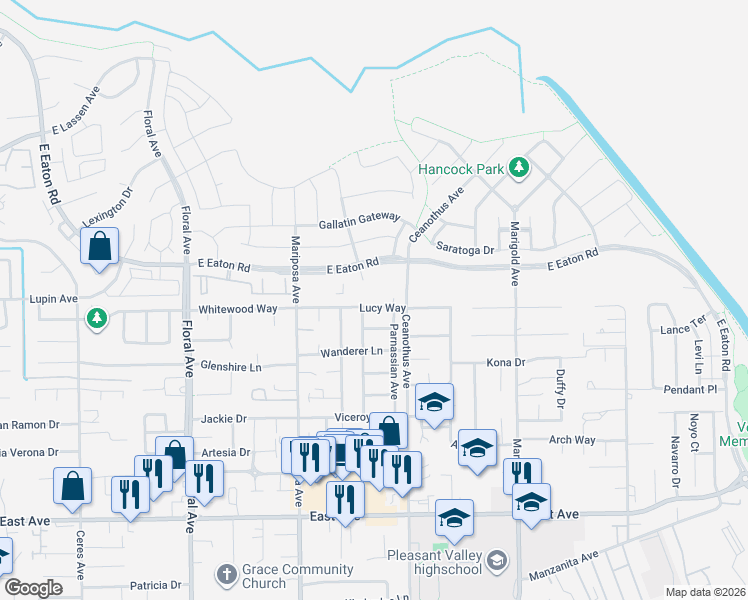 map of restaurants, bars, coffee shops, grocery stores, and more near 1378 Lucy Way in Chico