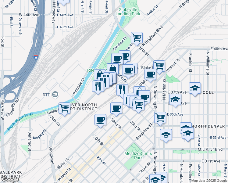map of restaurants, bars, coffee shops, grocery stores, and more near 1630 35th Street in Denver