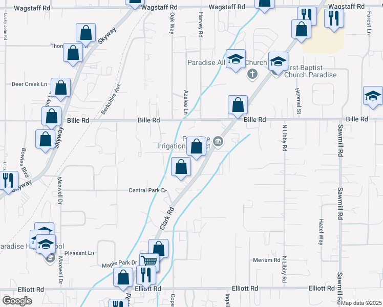 map of restaurants, bars, coffee shops, grocery stores, and more near 6309 Clark Road in Paradise