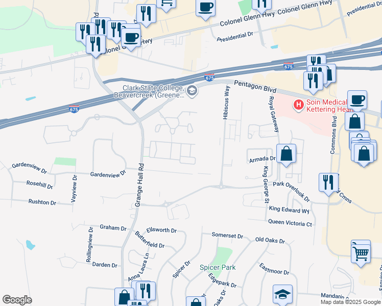 map of restaurants, bars, coffee shops, grocery stores, and more near 2636 Harding Court in Beavercreek