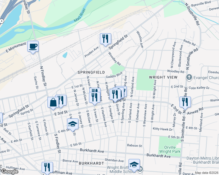 map of restaurants, bars, coffee shops, grocery stores, and more near 3312 East 2nd Street in Dayton