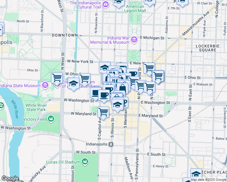 map of restaurants, bars, coffee shops, grocery stores, and more near 45 North Illinois Street in Indianapolis