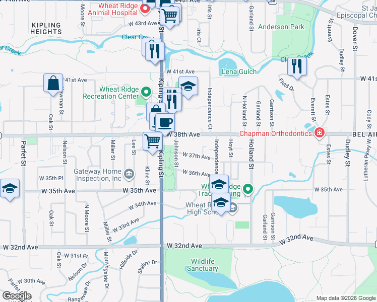 map of restaurants, bars, coffee shops, grocery stores, and more near 9870 West 37th Avenue in Wheat Ridge