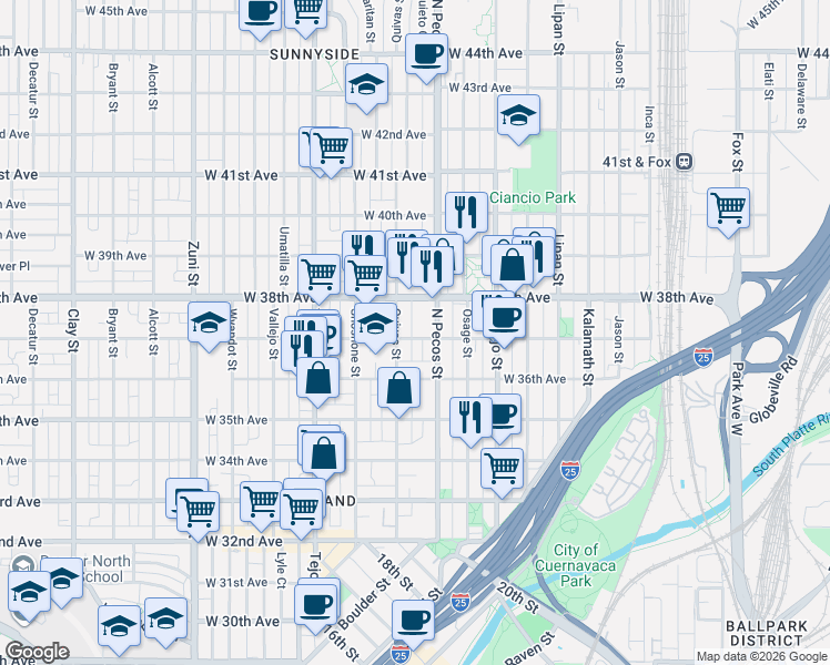 map of restaurants, bars, coffee shops, grocery stores, and more near 1733 West 37th Avenue in Denver