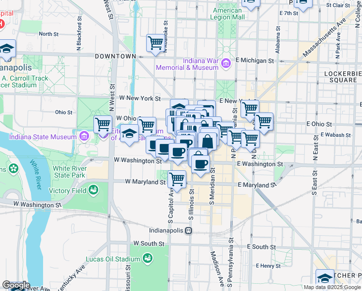 map of restaurants, bars, coffee shops, grocery stores, and more near 50 North Illinois Street in Indianapolis