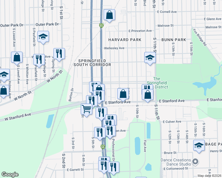 map of restaurants, bars, coffee shops, grocery stores, and more near 2620 South 7th Street in Springfield