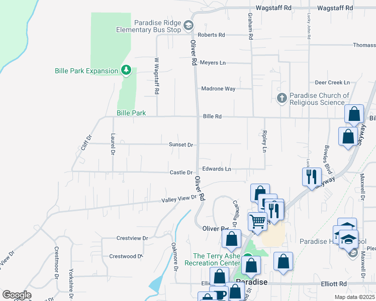 map of restaurants, bars, coffee shops, grocery stores, and more near 640 Sunset Drive in Paradise
