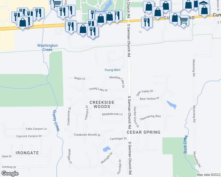 map of restaurants, bars, coffee shops, grocery stores, and more near 10836 Young Lake Drive in Indianapolis