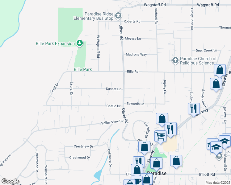 map of restaurants, bars, coffee shops, grocery stores, and more near 638 Sunset Drive in Paradise