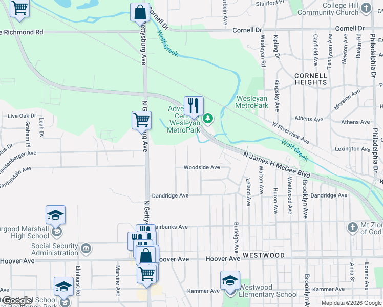 map of restaurants, bars, coffee shops, grocery stores, and more near 1117 Cicilion Avenue in Dayton