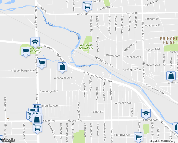 map of restaurants, bars, coffee shops, grocery stores, and more near 1804 Wolf Creek Trail in Dayton