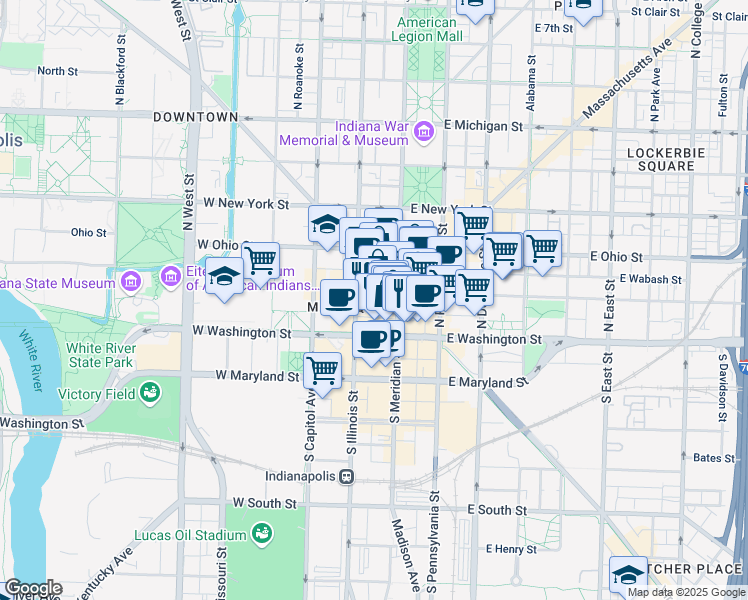 map of restaurants, bars, coffee shops, grocery stores, and more near 54 Monument Circle in Indianapolis