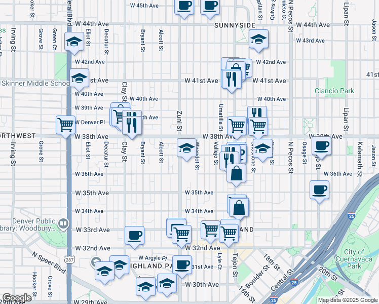 map of restaurants, bars, coffee shops, grocery stores, and more near 2325 West 37th Avenue in Denver