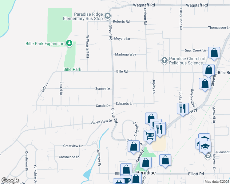map of restaurants, bars, coffee shops, grocery stores, and more near 6132 Oliver Road in Paradise