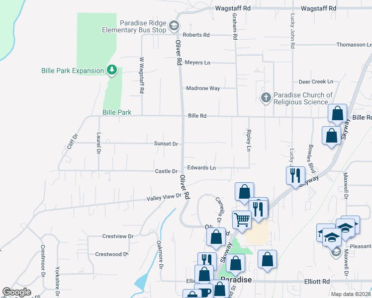 map of restaurants, bars, coffee shops, grocery stores, and more near 661 Baker Drive in Paradise