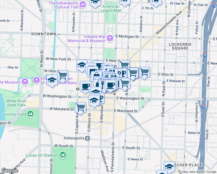 map of restaurants, bars, coffee shops, grocery stores, and more near 55 Monument Circle in Indianapolis