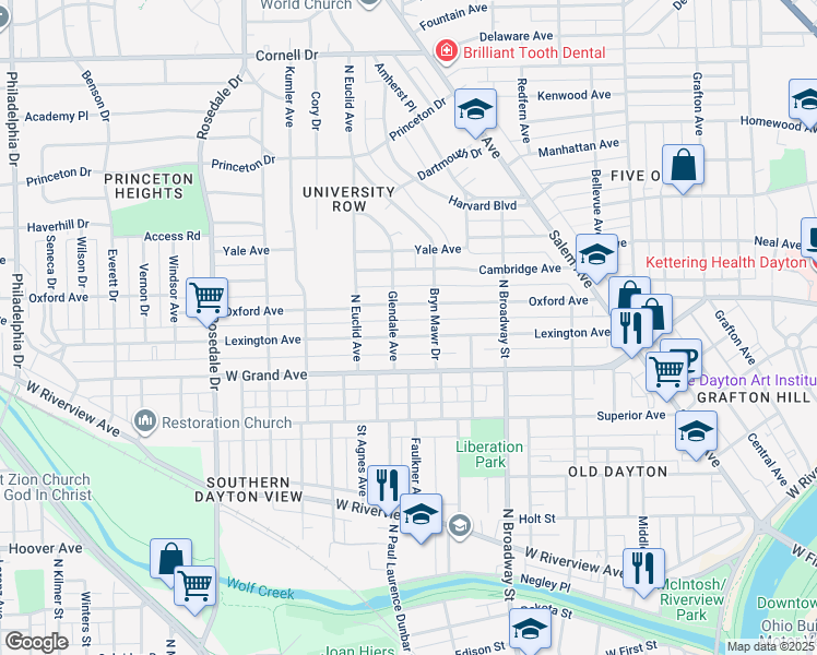 map of restaurants, bars, coffee shops, grocery stores, and more near 325 Lexington Avenue in Dayton