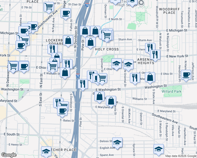 map of restaurants, bars, coffee shops, grocery stores, and more near 1117 East Market Street in Indianapolis