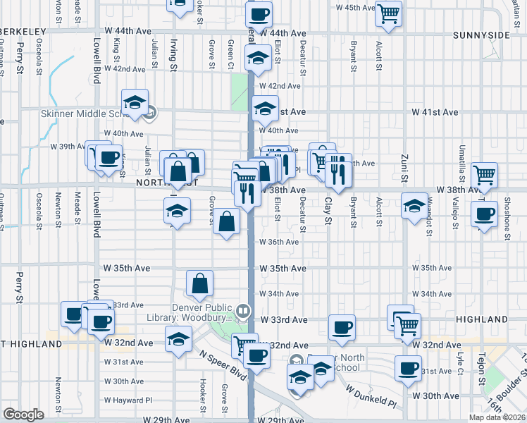map of restaurants, bars, coffee shops, grocery stores, and more near 2935 West 37th Avenue in Denver