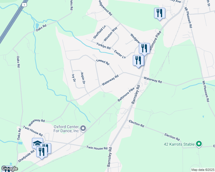 map of restaurants, bars, coffee shops, grocery stores, and more near 258 Waterway Road in Oxford