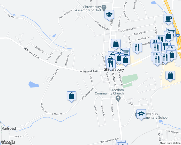 map of restaurants, bars, coffee shops, grocery stores, and more near 124 West Forrest Avenue in Shrewsbury
