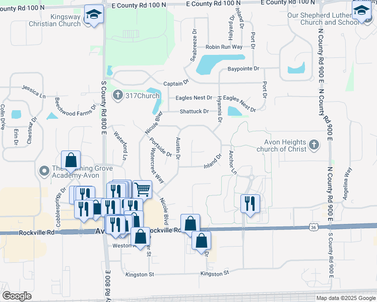 map of restaurants, bars, coffee shops, grocery stores, and more near 349 Austin Drive in Avon
