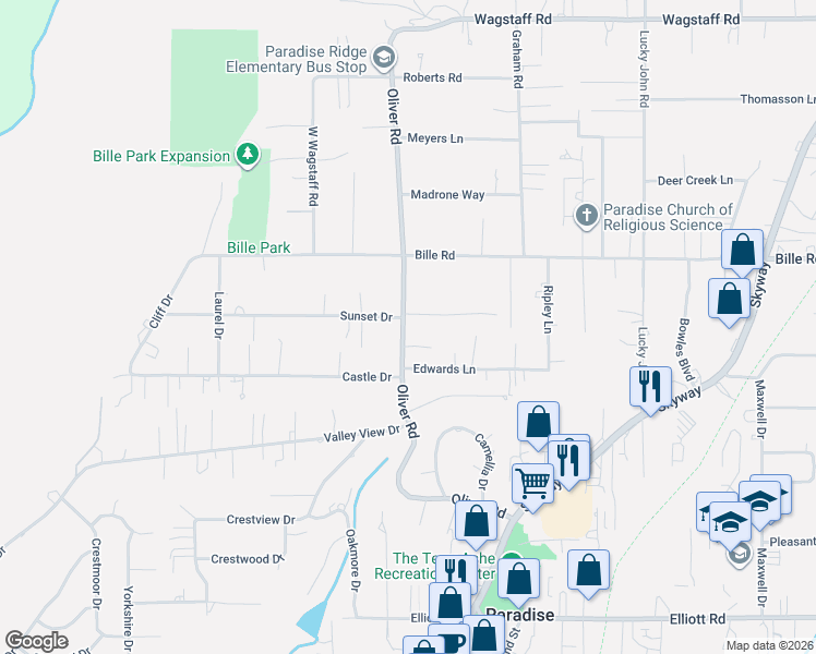 map of restaurants, bars, coffee shops, grocery stores, and more near 661 Baker Drive in Paradise