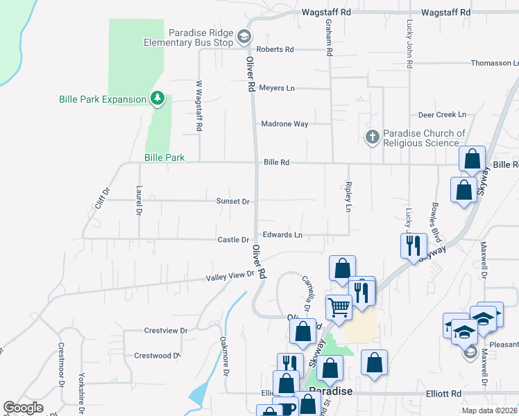 map of restaurants, bars, coffee shops, grocery stores, and more near 6132 Oliver Road in Paradise