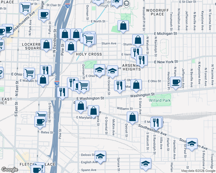 map of restaurants, bars, coffee shops, grocery stores, and more near 1338 East Market Street in Indianapolis