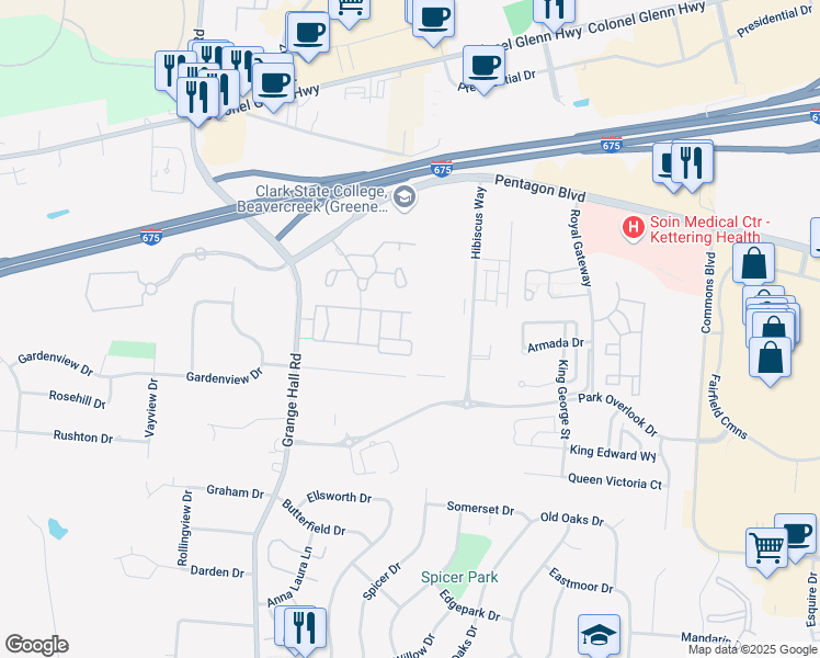 map of restaurants, bars, coffee shops, grocery stores, and more near 2636 Harding Court in Beavercreek