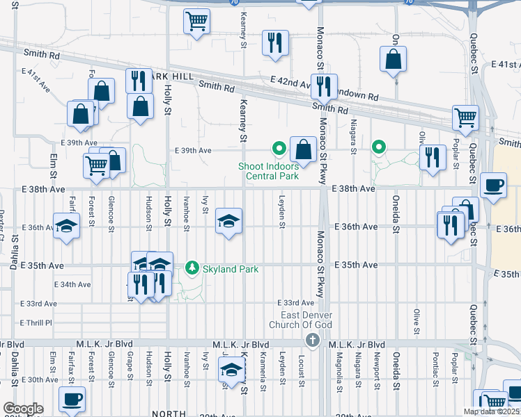 map of restaurants, bars, coffee shops, grocery stores, and more near 3630 Krameria Street in Denver