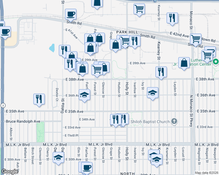 map of restaurants, bars, coffee shops, grocery stores, and more near 3623 Grape Street in Denver