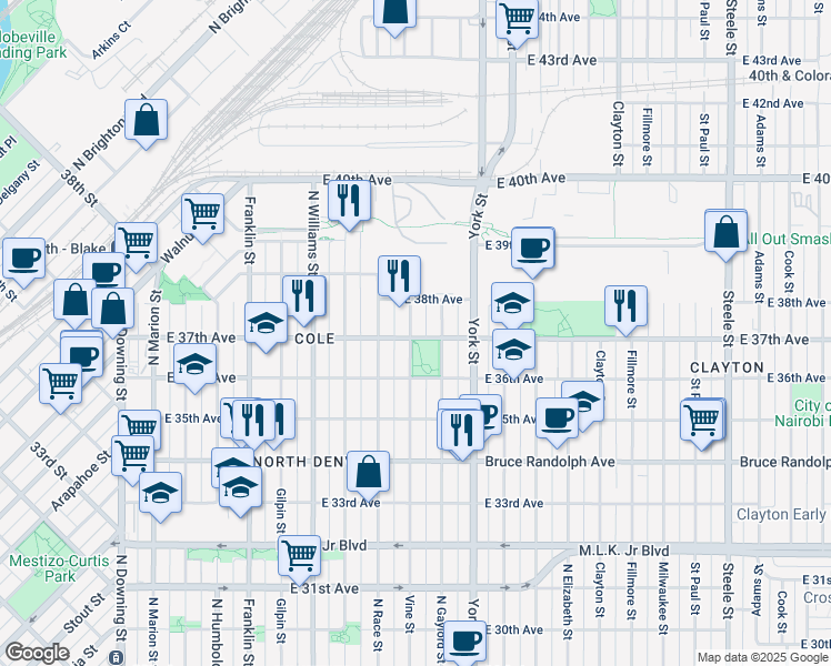 map of restaurants, bars, coffee shops, grocery stores, and more near 3659 Vine Street in Denver