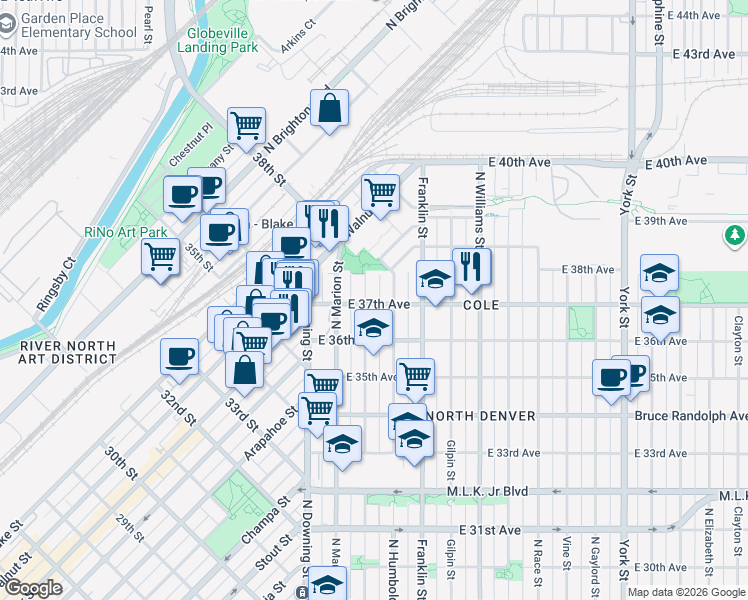 map of restaurants, bars, coffee shops, grocery stores, and more near 3663 Humboldt Street in Denver