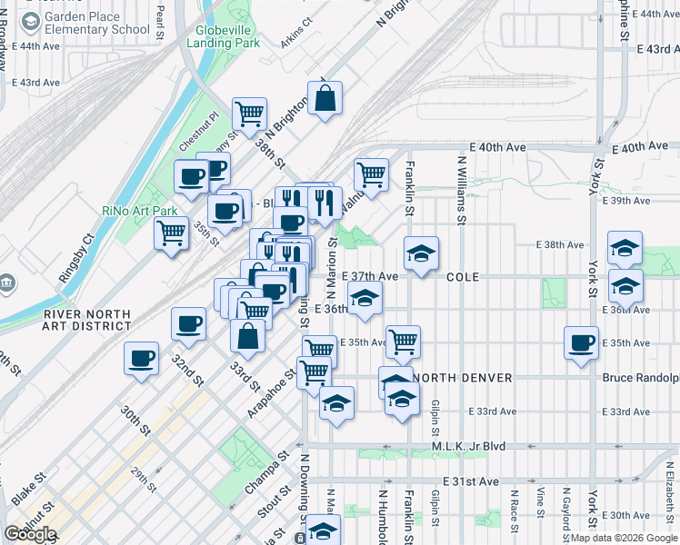map of restaurants, bars, coffee shops, grocery stores, and more near 3654 North Marion Street in Denver