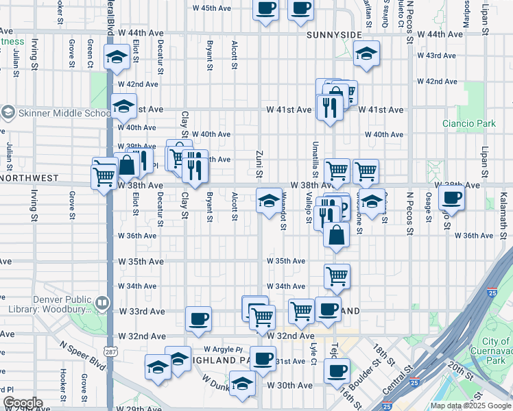 map of restaurants, bars, coffee shops, grocery stores, and more near 2432 West 37th Avenue in Denver