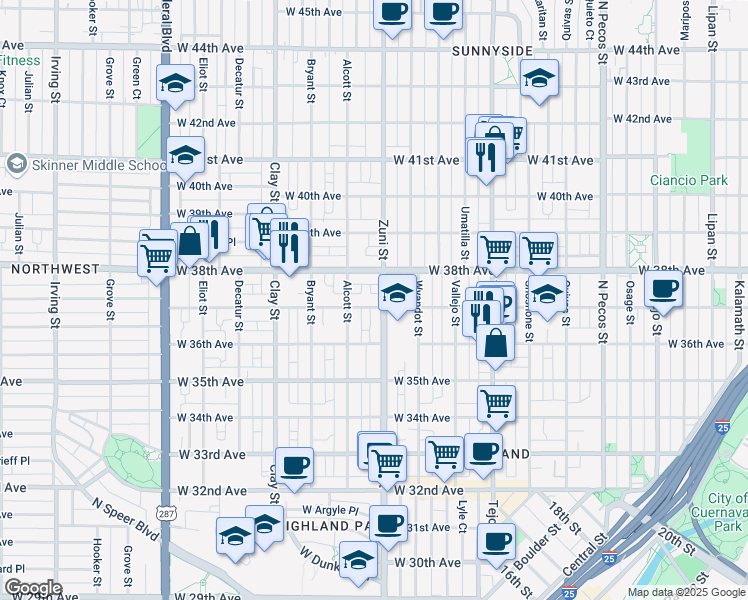 map of restaurants, bars, coffee shops, grocery stores, and more near 2432 West 37th Avenue in Denver