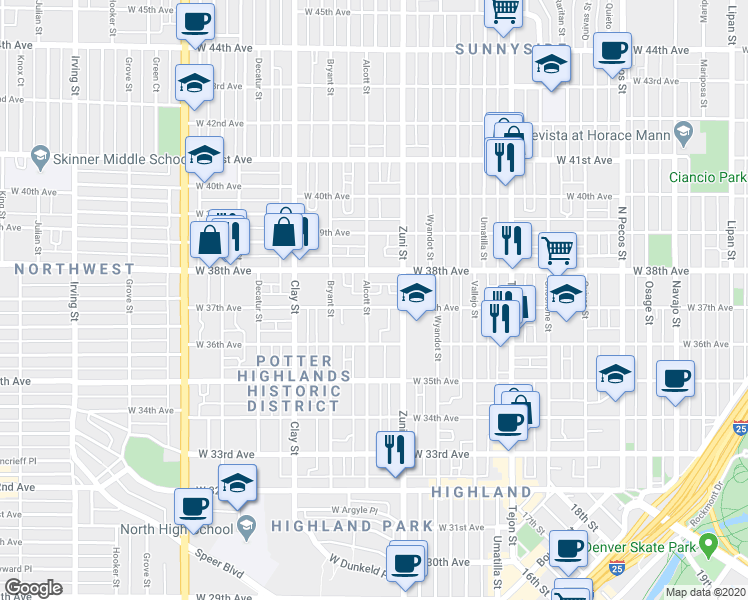 map of restaurants, bars, coffee shops, grocery stores, and more near 2432 West 37th Avenue in Denver