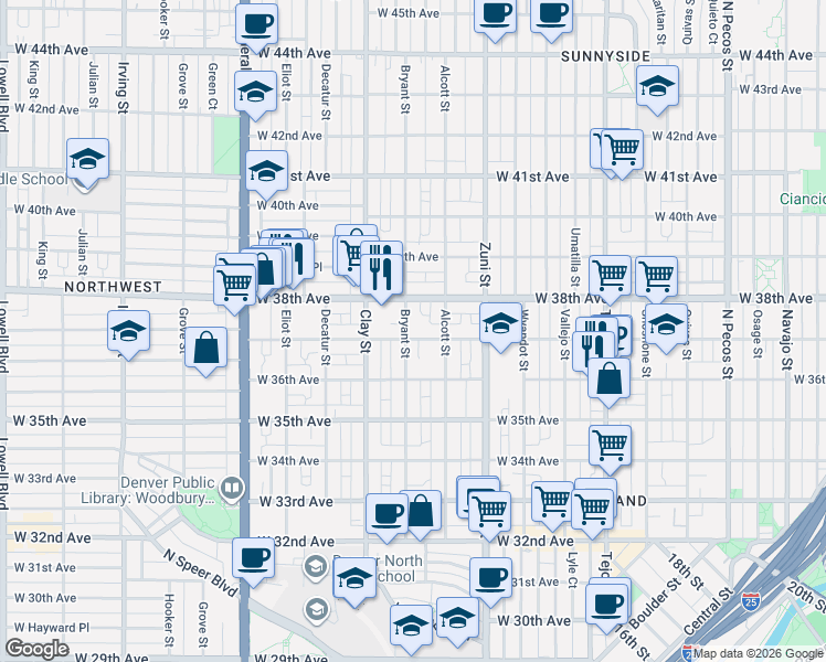 map of restaurants, bars, coffee shops, grocery stores, and more near 2530 West 37th Avenue in Denver