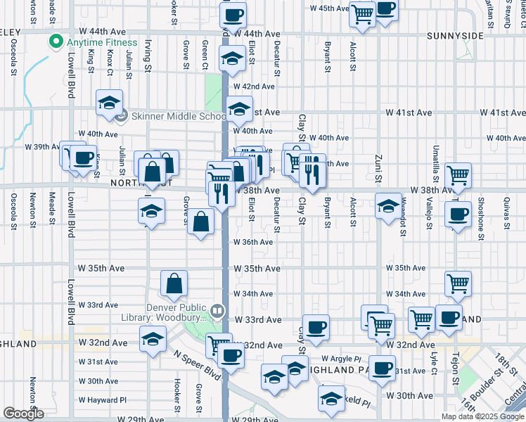 map of restaurants, bars, coffee shops, grocery stores, and more near 2812 West 37th Avenue in Denver